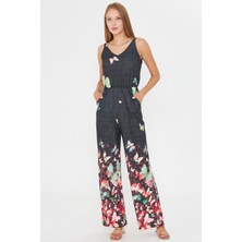 Armonika Kadın Nar Çiçeği Ön Arka V Askılı Beli Lastikli Cepli Tulum ARM-25Y001035