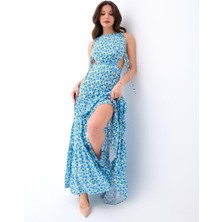AURA 7 Collection Kadın Giyim Torino Yandan Pencereli ve Çiçek Desenli Uzun Mavi Elbise