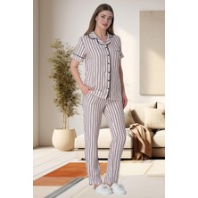 Mecit Pijama Mecit 6016 Pembe Çizgili Boydan Düğmeli Kadın Pijama Takımı