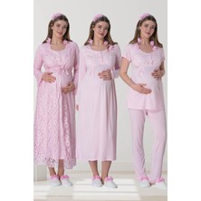 Mecit Pijama Mecit 6060 Pembe Dantel Sabahlıklı Gecelik Pijama Lohusa Set