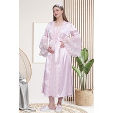 Mecit Pijama Mecit 6301 Pembe Hamile Lohusa Dantelli Sabahlık gecelik Takım