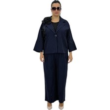 La Velina Büyük Beden Kadın Pamuklu Çizgili Aksesuar Detaylı Şık Kadın Ceket Takım