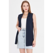 Armonika Kadın Lacivert Yakalı Uzun Yelek ARM-20K001024
