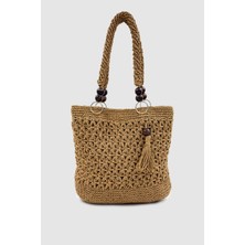 Wuclo Bralin Ahşap Boncuk ve Püskül Detaylı %100 El Yapımı Hasır El, Kol ve Omuz Çantası