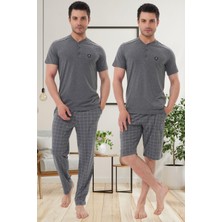 Mecit Pijama Mecit 2980 Füme Büyük Beden 3 Parça Erkek Şortlu Pijama Takımı