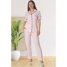 Mecit Pijama Mecit 5150 Pembe Çizgili Boydan Düğmeli Kadın Pijama Takımı