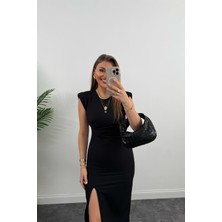 AURA 7 Collection Kadın Giyim Atlas Kumaş Vatka ve Drapeli Midi Boy Yırtmaçlı Elbise