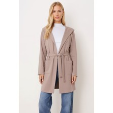 Armonika Kadın Bej Beli Kuşaklı Cepli Kapüşonlu Oversize Kaşe Kaban ARM-26K001025