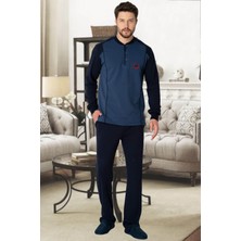 Mecit Pijama Mecit 2901 Lacivert Ekoseli %100 Pamuk 3'lü Büyük Beden Erkek Pijama Takımı