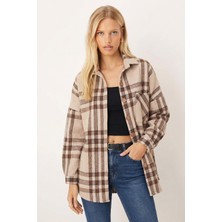 Armonika Kadın Kahverengi Oversize Ekoseli Kaşe Cepli Oduncu Gömlek ARM-26K001089
