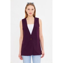Armonika Kadın Mor V Yaka Tek Düğmeli Oversize Desenli Yelek ARM-25K001110