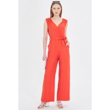 Armonika Kadın Turuncu Kruvaze Yaka Omuzu Lastik Detaylı Sırtı V Kuşaklı Uzun Tulum ARM-24Y001049