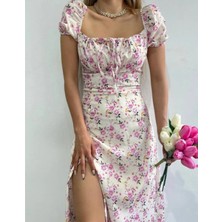 AURA 7 Collection Kadın Giyim Yakası Bağlamalı ve Önden Yırtmaçlı Çiçek Desenli Karpuz Kol Elbise