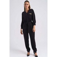 Armonika Kadın Siyah V Yaka Beli Kemerli Cepli Tulum ARM-26K136044