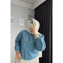 RFK Butik Kadın Bebe Yaka Incili Etek Üstü Tasarım Gömlek - Bondi Mavi