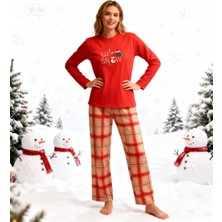 NiCe İç Giyim Polar Kırmızı Kardan Adamlı Ekoseli  Bayan Pijama Takımı