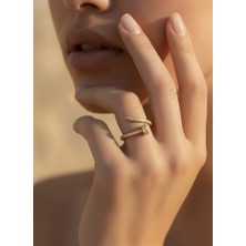 Eva Takı Store Ayarlanabilir Çivi Model Zirkon Taşlı Gold Renk Çelik Yüzük