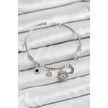 Pazarcan Pirinç Zirkon Taşlı Güneş Ay ve Nazar Model Gümüş Renk Charm Bileklik