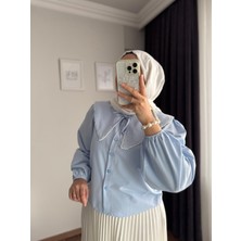 RFK Butik Kadın Bebe Yaka Incili Etek Üstü Tasarım Gömlek - Mavi