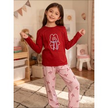 NiCe İç Giyim Bordo Tavşan Fiyonk Desenli Flexıble Cotton Esnek Kumaş Kız Çocuk Pijama Takım