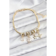 Pazarcan Gold Renk Pirinç Yonca Charmlı Kadın Bileklik