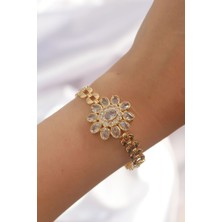 Pazarcan Pirinç Gold Renk Iri Zirkon Taşlı Çiçek Figürlü Bileklik
