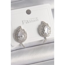 Pazarcan Pirinç Gümüş Renk Zirkon Taşlı Yaprak Model Kadın Küpe