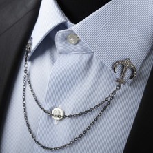 Siyah Çapa Desenli Zincirli Gömlek & Ceket & Damatlık & Yaka Iğnesi