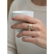 Eva Takı Store Ayarlanabilir Yıldız Model Zirkon Taşlı Gold Renk Çelik Yüzük