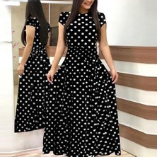 Başak Collection Kadın Kısa Kollu Bisiklet Yaka Puantiyeli Maksi Örme Krep Elbise