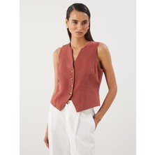 Lc Waikiki Yeni Sezon Kaçık Yaka Keten Karışımlı Kadın Klasik Yelek