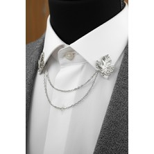 Gümüş Renk Yaprak Desenli Zincirli Gömlek & Ceket & Damatlık & Yaka Iğnesi