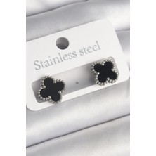 Eco Lounge 316L Çelik Gümüş Renk Siyah Yonca Model Kadın Küpe