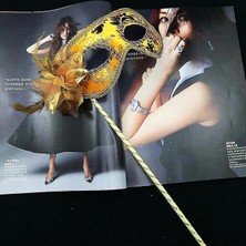 SiHako Lüks Taşlı Saplı Maskeli Balo Maskesi Altın Renk 35 cm