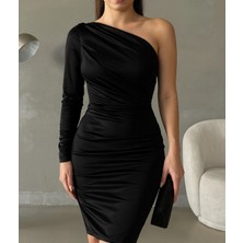 Alpaco Tek Omuz Parlak Saten Ince Kadife Elbise