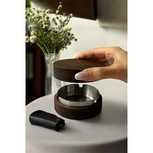 Gisvol Kapaklı Koyu Ahşap Küllük Ev, Ofis ve Kafe Için Paslanmaz Metal Hazneli Küllük Koyu Gümüş