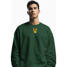 Muhtar Store Tekir Kedi Figürlü Unisex Sweatshirt – Dtf Baskı (Füme / Koyu Yeşil)