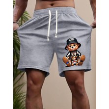 Amor Man Büyük Beden Özel Tasarım Şapkalı Ayıcık Baskılı 2 Iplik Ultra Rahat Yazlık Erkek Şort