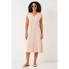 Alpaco Yazlık Elbise Midi Boy - Rahat - Kuşaklık ve Düğmeli