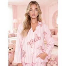 NiCe İç Giyim Pudra Pembe Şerit Krem Ayıcıklı Yumuşacık Süet Pijama Takım (M Beden _ 3xl Beden Aralığı)