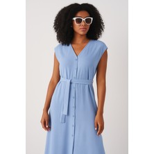 Alpaco Yazlık Elbise Midi Boy - Rahat - Kuşaklık ve Düğmeli