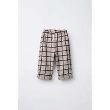 Magu Çocuk Pamuklu Gri Kareli Eşofman Altı – Paça Kıvrımlı, Elastik Bel