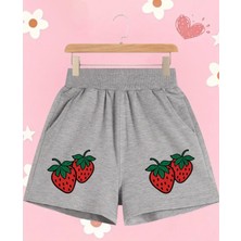 Kids Face Özel Tasarım Kırmızı Çilekler Baskılı  Çift Cepli 2 Iplik Yazlık Yeni Sezon Kız Çocuk Şort
