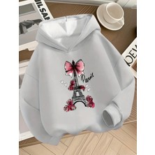 Kids Face Özel Tasarım Kapüşonlu Paris Kalpler Baskılı %100 Pamuk Modern Kız Çocuk Sweatshırt