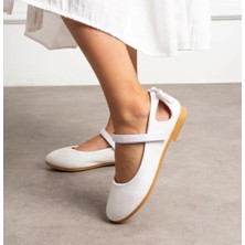 Surpie Shoes Ortopedik Tabanlı Babet Kız Çocuk Ayakkabı Beyaz Düz Taban Cırtlı Bağlama