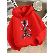 Kids Face Özel Tasarım Kapüşonlu Paris Kalpler Baskılı %100 Pamuk Modern Kız Çocuk Sweatshırt