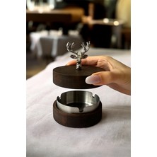 Gisvol Ahşap Kapaklı Geyik Figürlü Metal Iç Hazneli Dekoratif Küllük Masa Üstü Küllük Koyu Gümüş Geyikli