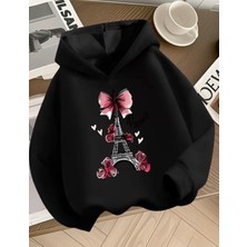 Kids Face Özel Tasarım Kapüşonlu Paris Kalpler Baskılı %100 Pamuk Modern Kız Çocuk Sweatshırt