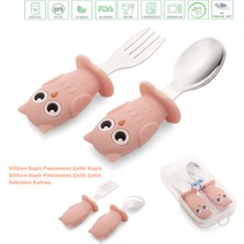 Jojobebek Çocuk Silikon Saplı Paslanmaz Çelik Uçlu Kaşık - Çatal Seti Baykuş Figürlü (Pembe Renk)