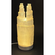 Gemsartdeco Selenit Doğaltaş Twin Tower Dar Lamba 20 Cm(Sarı Işık)